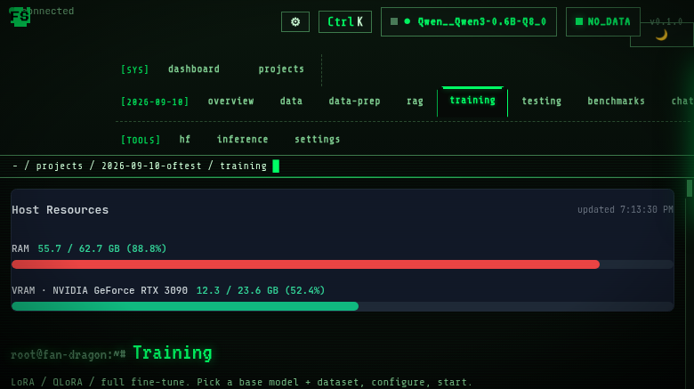 Training page with live loss