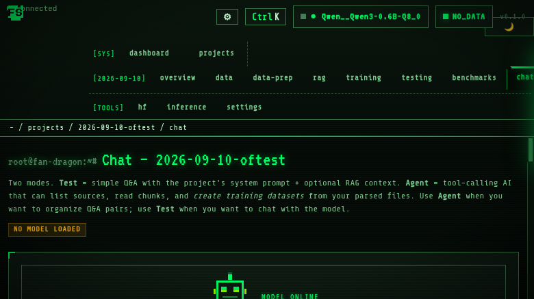 Project chat with Test/Agent modes